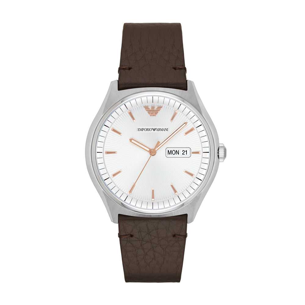 EMPORIO ARMANI ANALOG QUARTZ SILVER STAINLESS STEEL AR1999 BROWN LEATHER STRAP MEN'S WATCH - H2 Hub Watches