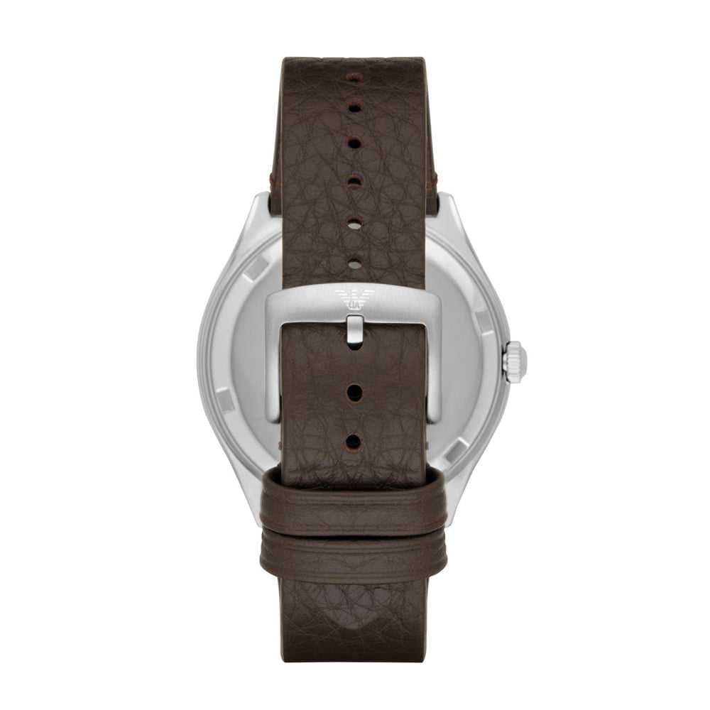 EMPORIO ARMANI ANALOG QUARTZ SILVER STAINLESS STEEL AR1999 BROWN LEATHER STRAP MEN'S WATCH - H2 Hub Watches
