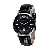 EMPORIO ARMANI ANALOG QUARTZ SILVER STAINLESS STEEL AR2411 BLACK LEATHER STRAP MEN'S WATCH - H2 Hub Watches