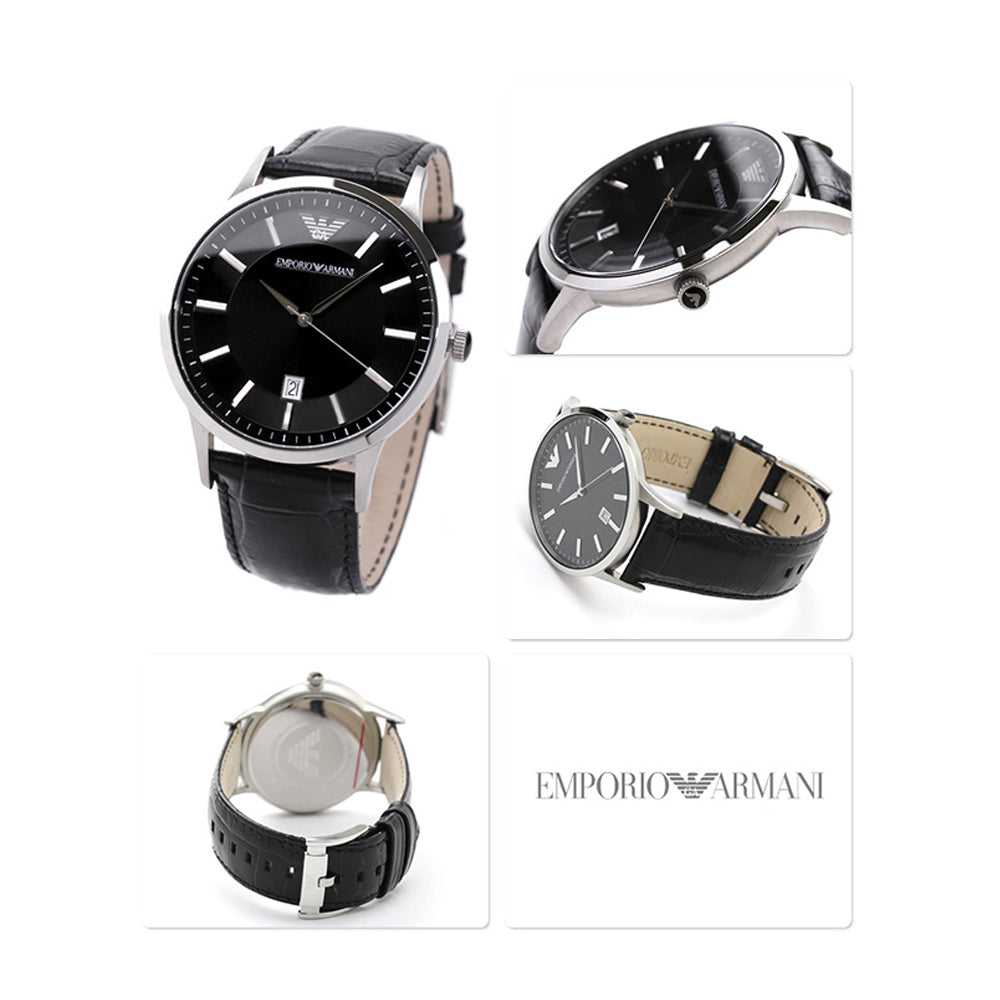 EMPORIO ARMANI ANALOG QUARTZ SILVER STAINLESS STEEL AR2411 BLACK LEATHER STRAP MEN'S WATCH - H2 Hub Watches