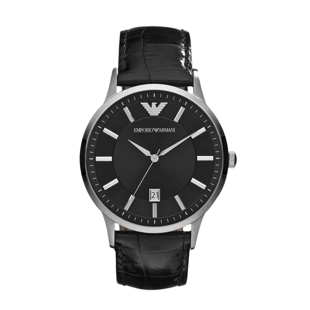 EMPORIO ARMANI ANALOG QUARTZ SILVER STAINLESS STEEL AR2411 BLACK LEATHER STRAP MEN'S WATCH - H2 Hub Watches