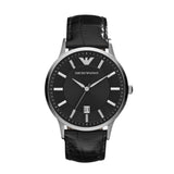 EMPORIO ARMANI ANALOG QUARTZ SILVER STAINLESS STEEL AR2411 BLACK LEATHER STRAP MEN'S WATCH - H2 Hub Watches