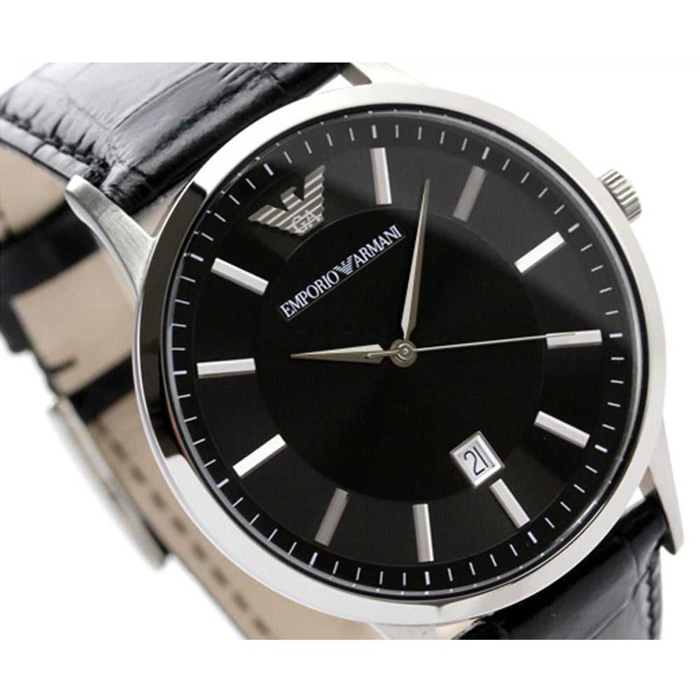 EMPORIO ARMANI ANALOG QUARTZ SILVER STAINLESS STEEL AR2411 BLACK LEATHER STRAP MEN'S WATCH - H2 Hub Watches