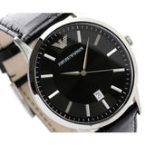 EMPORIO ARMANI ANALOG QUARTZ SILVER STAINLESS STEEL AR2411 BLACK LEATHER STRAP MEN'S WATCH - H2 Hub Watches