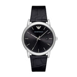 EMPORIO ARMANI ANALOG QUARTZ SILVER STAINLESS STEEL BLACK LEATHER STRAP AR2500 MEN'S WATCH - H2 Hub Watches