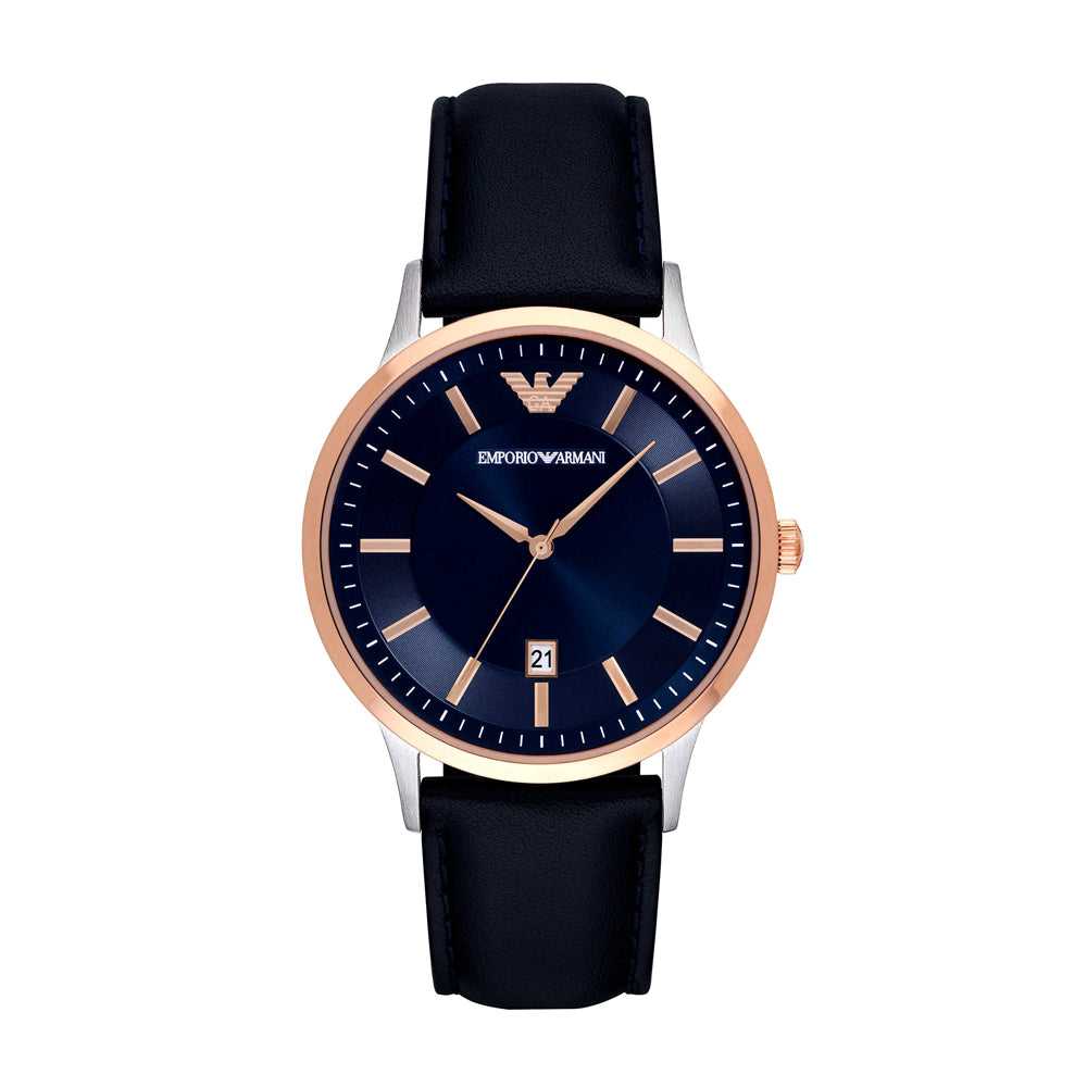 EMPORIO ARMANI ANALOG QUARTZ TWO TONE STAINLESS STEEL AR2506 BLUE LEATHER STRAP MEN'S WATCH - H2 Hub Watches