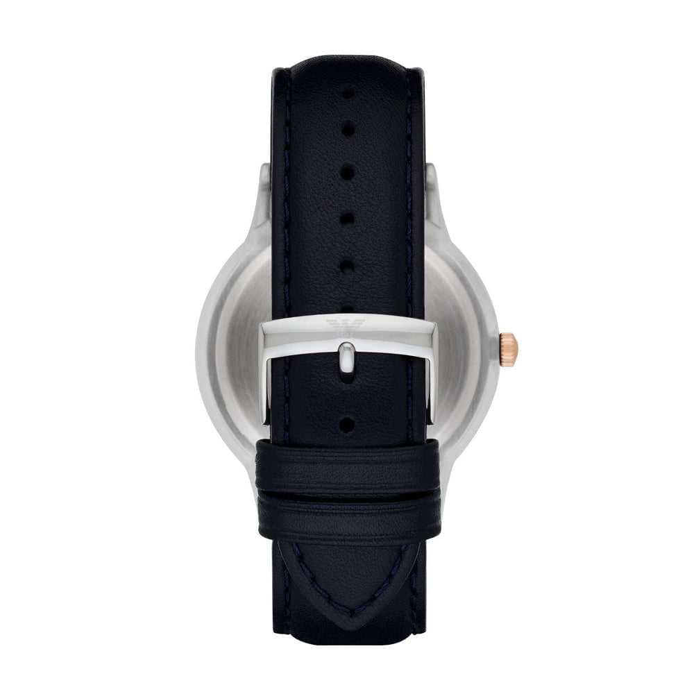 EMPORIO ARMANI ANALOG QUARTZ TWO TONE STAINLESS STEEL AR2506 BLUE LEATHER STRAP MEN'S WATCH - H2 Hub Watches