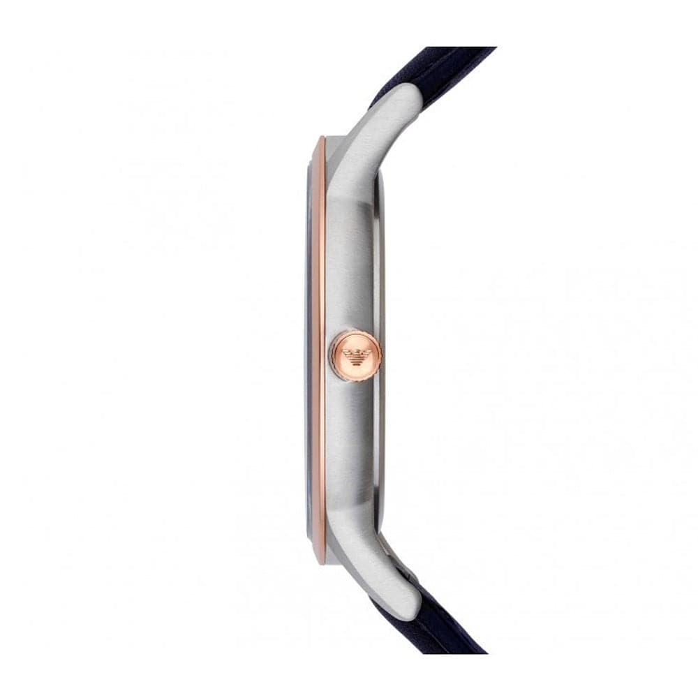 EMPORIO ARMANI ANALOG QUARTZ TWO TONE STAINLESS STEEL AR2506 BLUE LEATHER STRAP MEN'S WATCH - H2 Hub Watches