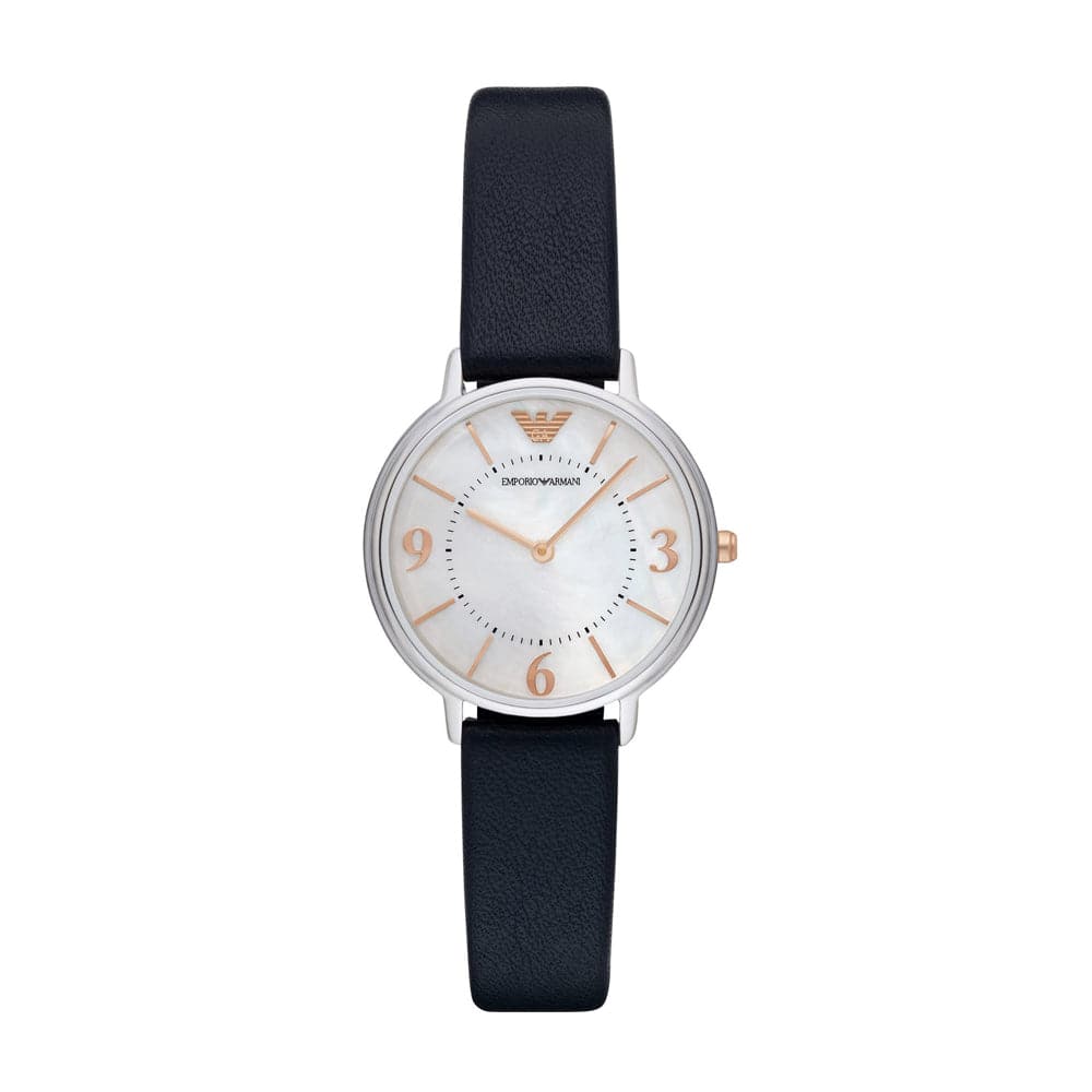 EMPORIO ARMANI ANALOG QUARTZ SILVER STAINLESS STEEL AR2509 BLUE LEATHER STRAP WOMEN'S WATCH - H2 Hub Watches