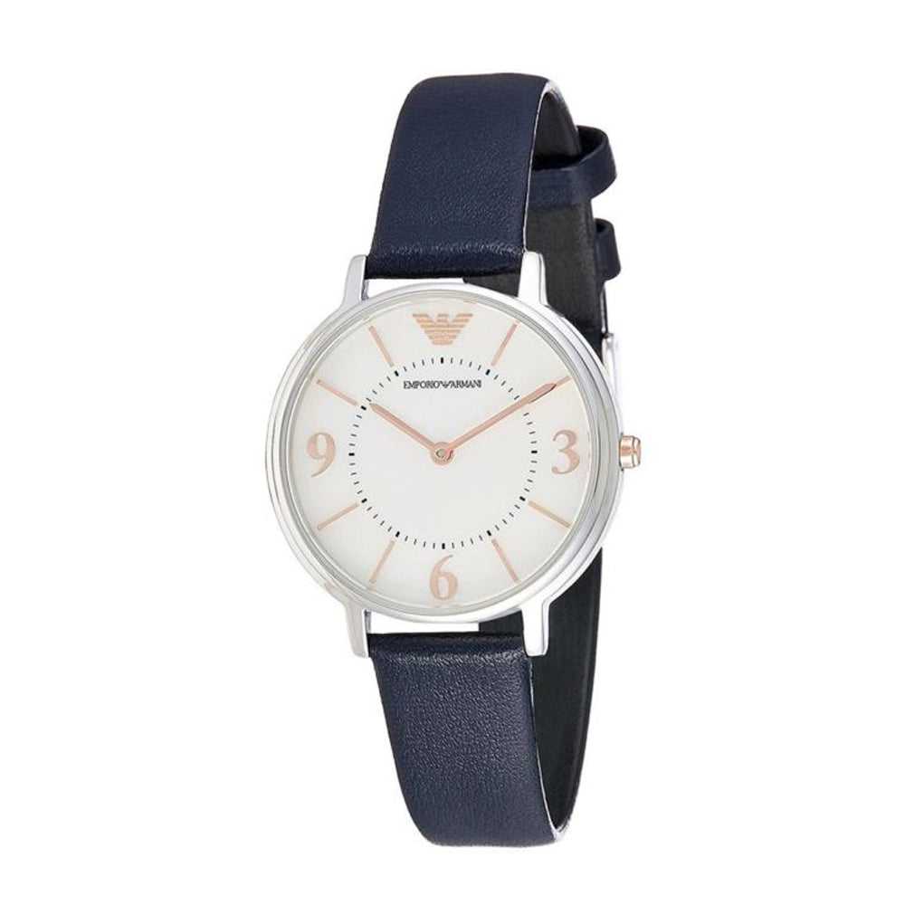 EMPORIO ARMANI ANALOG QUARTZ SILVER STAINLESS STEEL AR2509 BLUE LEATHER STRAP WOMEN'S WATCH - H2 Hub Watches