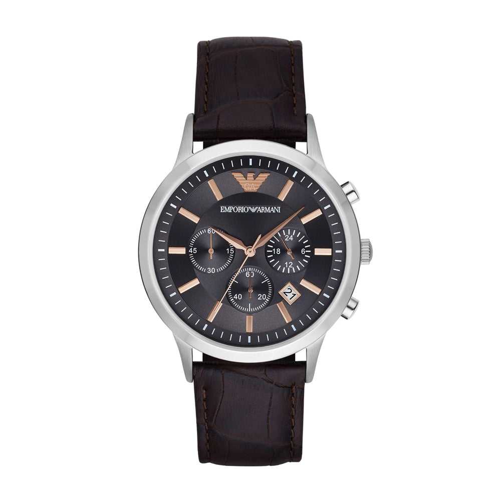 EMPORIO ARMANI CHRONOGRAPH SILVER STAINLESS STEEL AR2513 BROWN LEATHER STRAP MEN'S WATCH - H2 Hub Watches