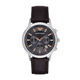 EMPORIO ARMANI CHRONOGRAPH SILVER STAINLESS STEEL AR2513 BROWN LEATHER STRAP MEN'S WATCH - H2 Hub Watches