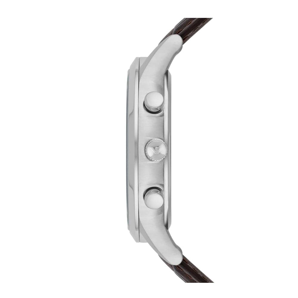 EMPORIO ARMANI CHRONOGRAPH SILVER STAINLESS STEEL AR2513 BROWN LEATHER STRAP MEN'S WATCH - H2 Hub Watches