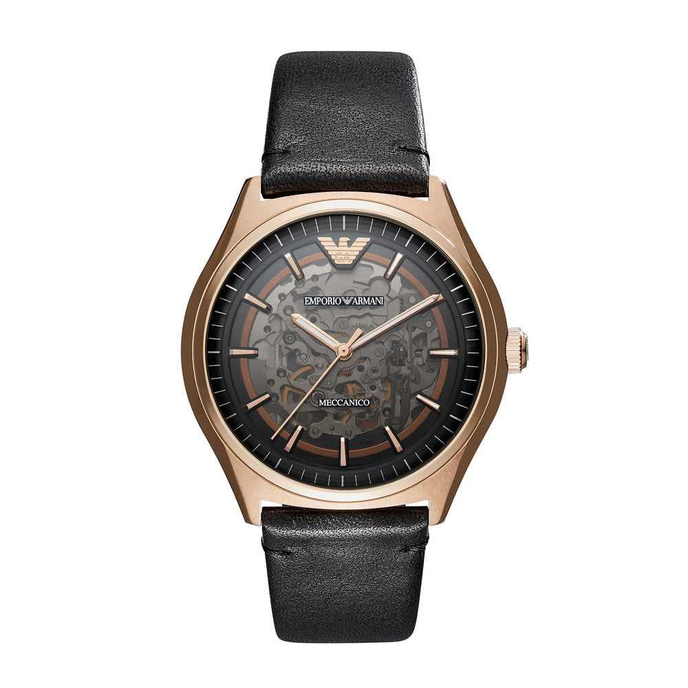 EMPORIO ARMANI MECHANICAL ROSE GOLD STAINLESS STEEL AR60004 BLACK LEATHER STRAP MEN'S WATCH - H2 Hub Watches