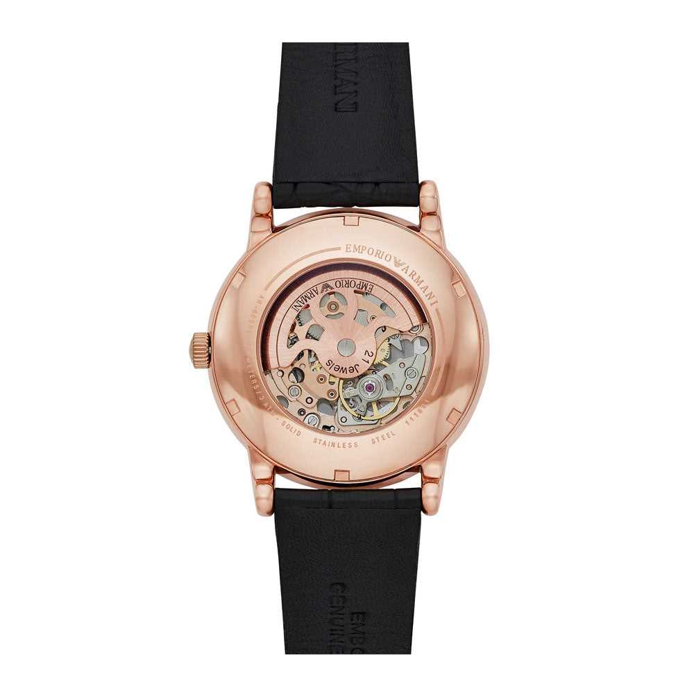 EMPORIO ARMANI MECHANICAL ROSE GOLD STAINLESS STEEL AR60004 BLACK LEATHER STRAP MEN'S WATCH - H2 Hub Watches