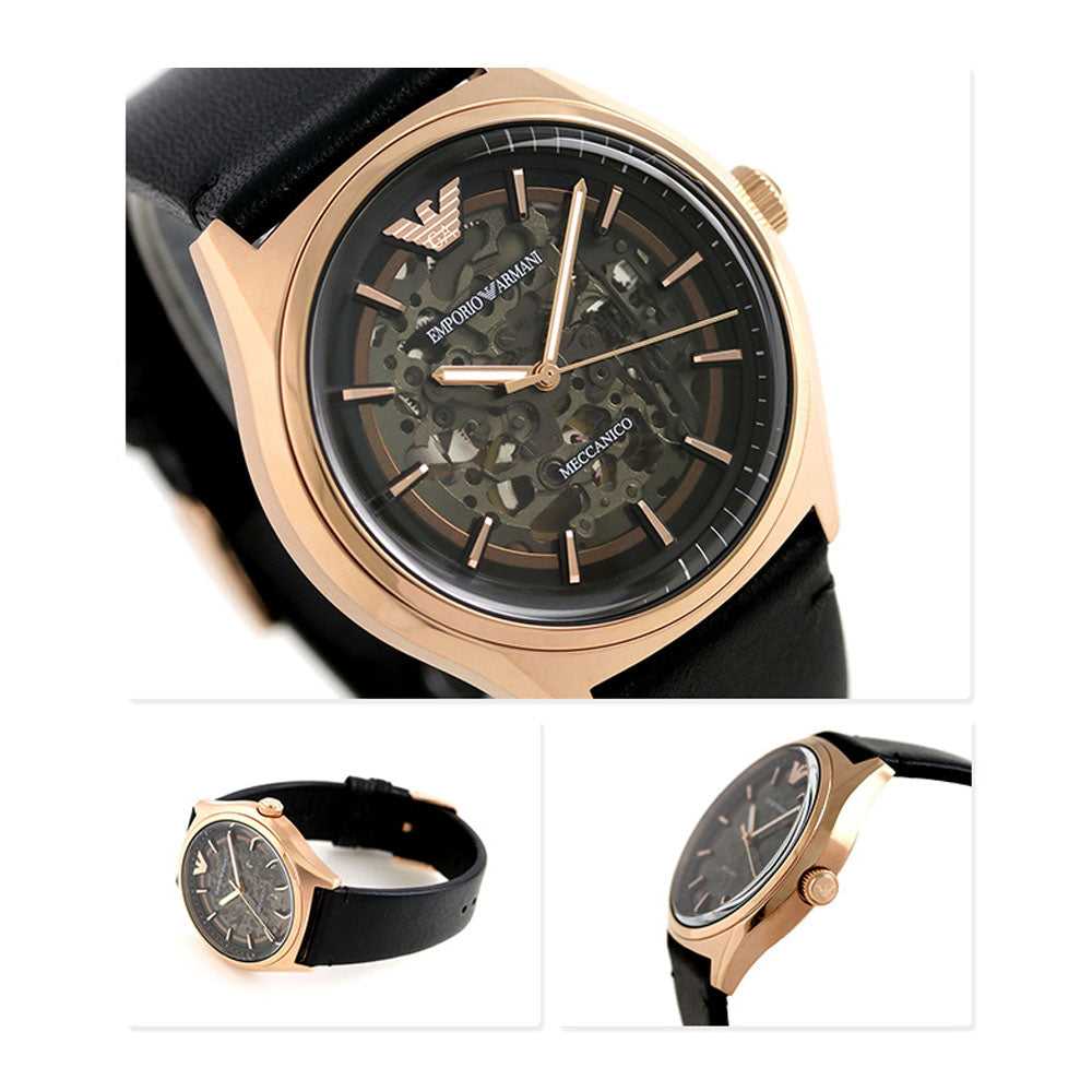 EMPORIO ARMANI MECHANICAL ROSE GOLD STAINLESS STEEL AR60004 BLACK LEATHER STRAP MEN'S WATCH - H2 Hub Watches