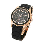 EMPORIO ARMANI CHRONOGRAPH ROSE GOLD STAINLESS STEEL AR6066 BLACK STRAP MEN'S WATCH - H2 Hub Watches