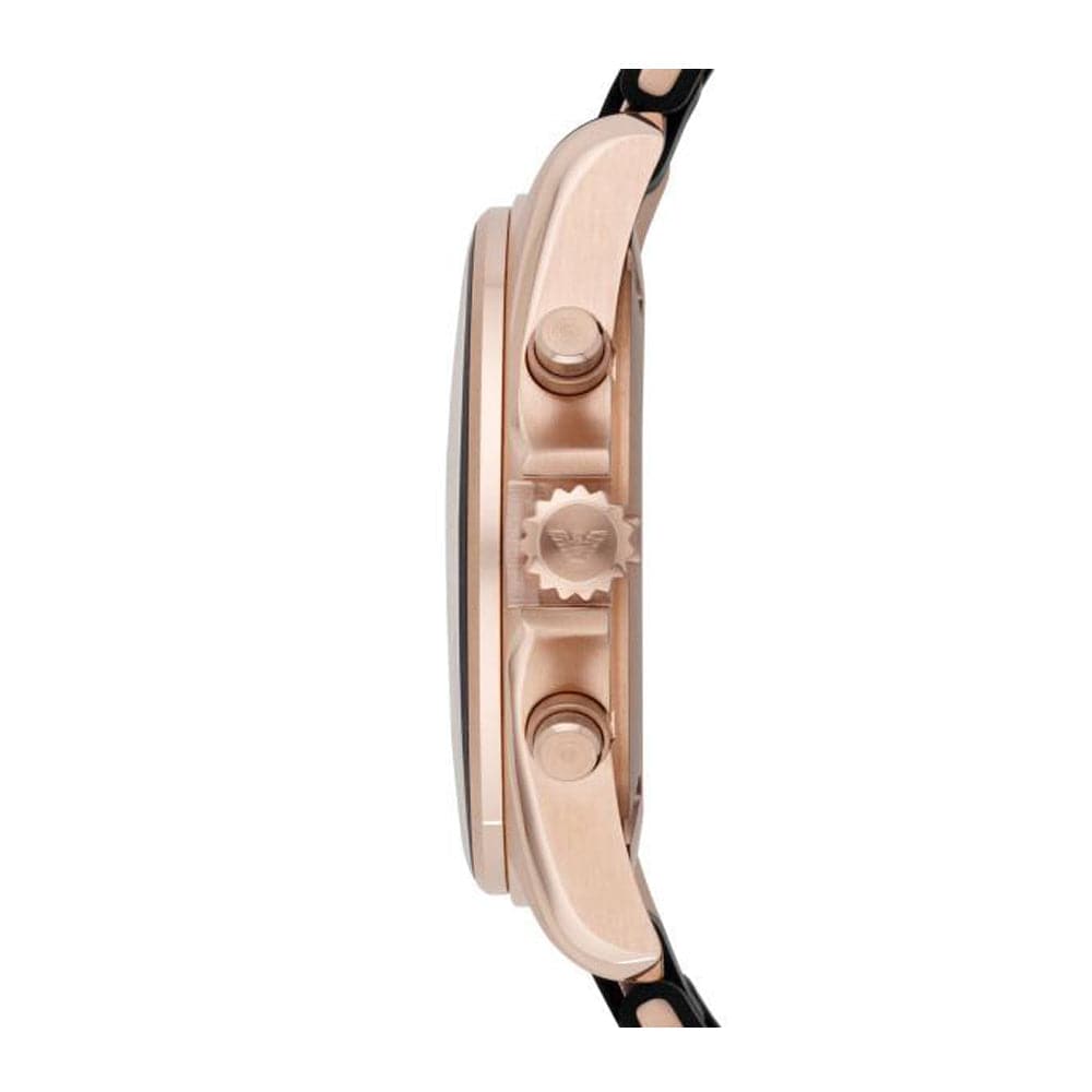 EMPORIO ARMANI CHRONOGRAPH ROSE GOLD STAINLESS STEEL AR6066 BLACK STRAP MEN'S WATCH - H2 Hub Watches
