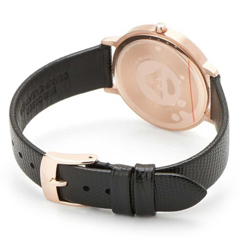 EMPORIO ARMANI ANALOG QUARTZ ROSE GOLD STAINLESS STEEL AR80011 BLACK LEATHER STRAP WOMEN'S WATCH - H2 Hub Watches