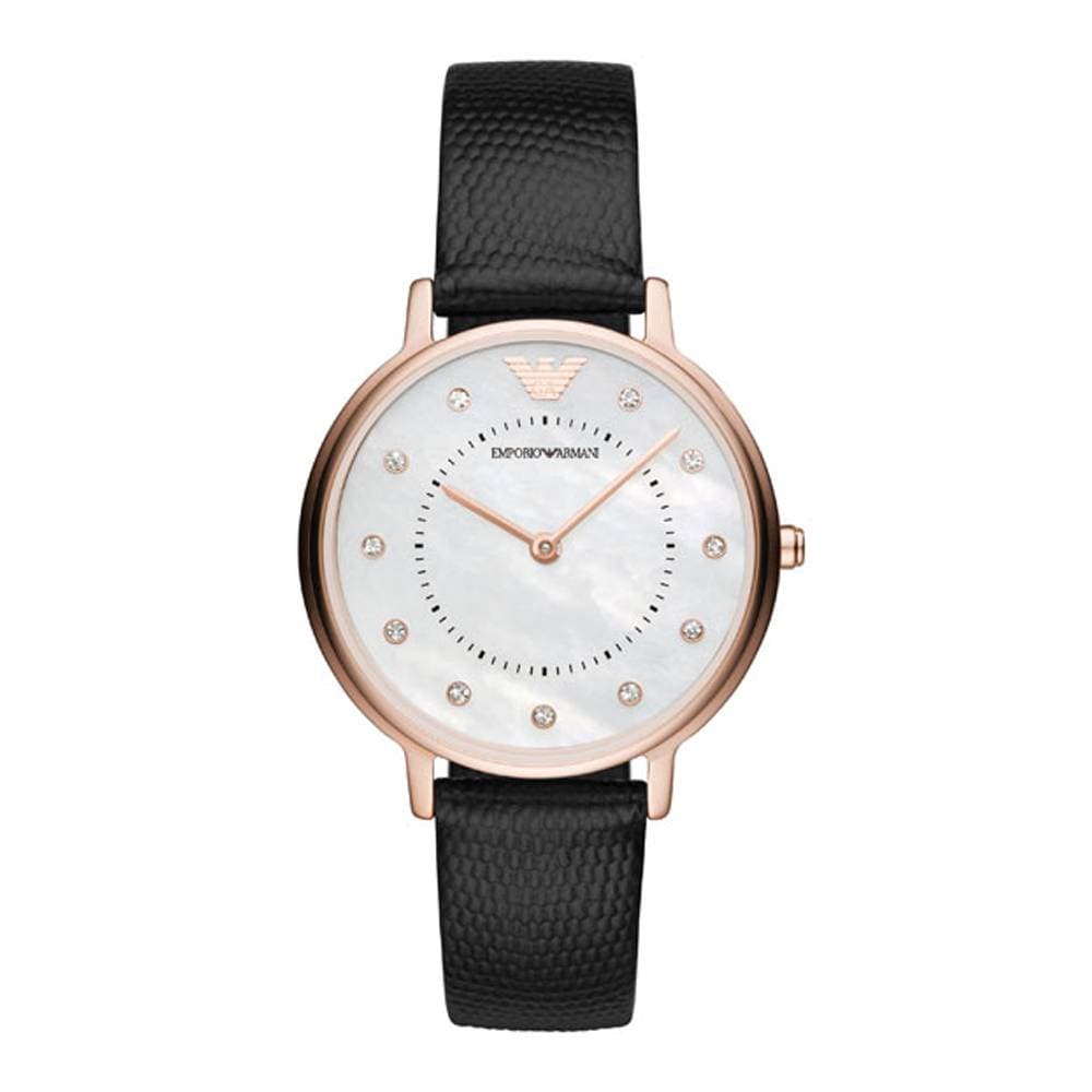 EMPORIO ARMANI ANALOG QUARTZ ROSE GOLD STAINLESS STEEL AR80011 BLACK LEATHER STRAP WOMEN'S WATCH - H2 Hub Watches
