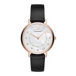 EMPORIO ARMANI ANALOG QUARTZ ROSE GOLD STAINLESS STEEL AR80011 BLACK LEATHER STRAP WOMEN'S WATCH - H2 Hub Watches