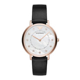 EMPORIO ARMANI ANALOG QUARTZ ROSE GOLD STAINLESS STEEL AR80011 BLACK LEATHER STRAP WOMEN'S WATCH - H2 Hub Watches