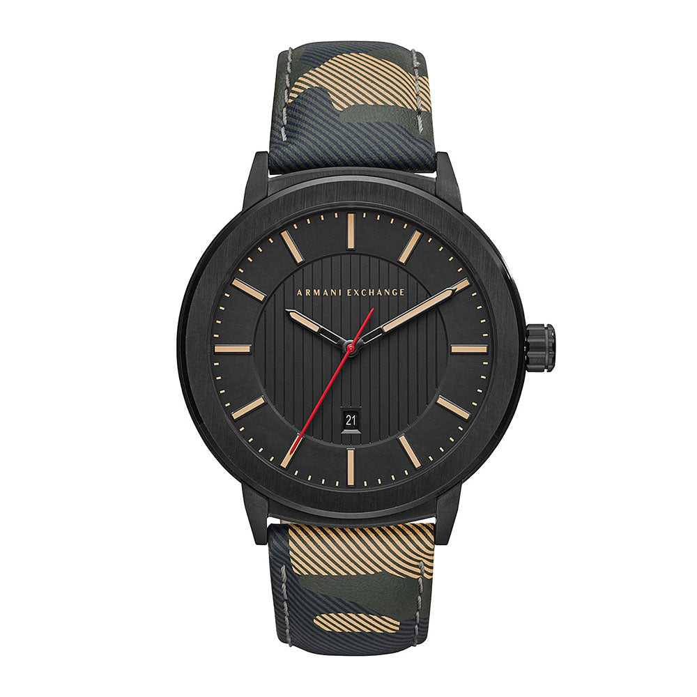 ARMANI EXCHANGE ANALOG QUARTZ BLACK STAINLESS STEEL AX1460 CAMO LEATHER STRAP MEN'S WATCH - H2 Hub Watches