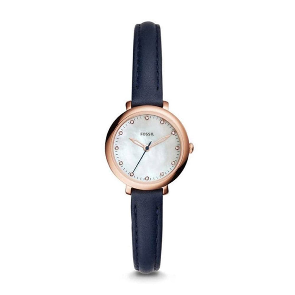 FOSSIL JACQUELINE ANALOG QUARTZ ROSE GOLD STAINLESS STEEL ES4083 BLUE LEATHER STRAP WOMEN'S WATCH - H2 Hub Watches