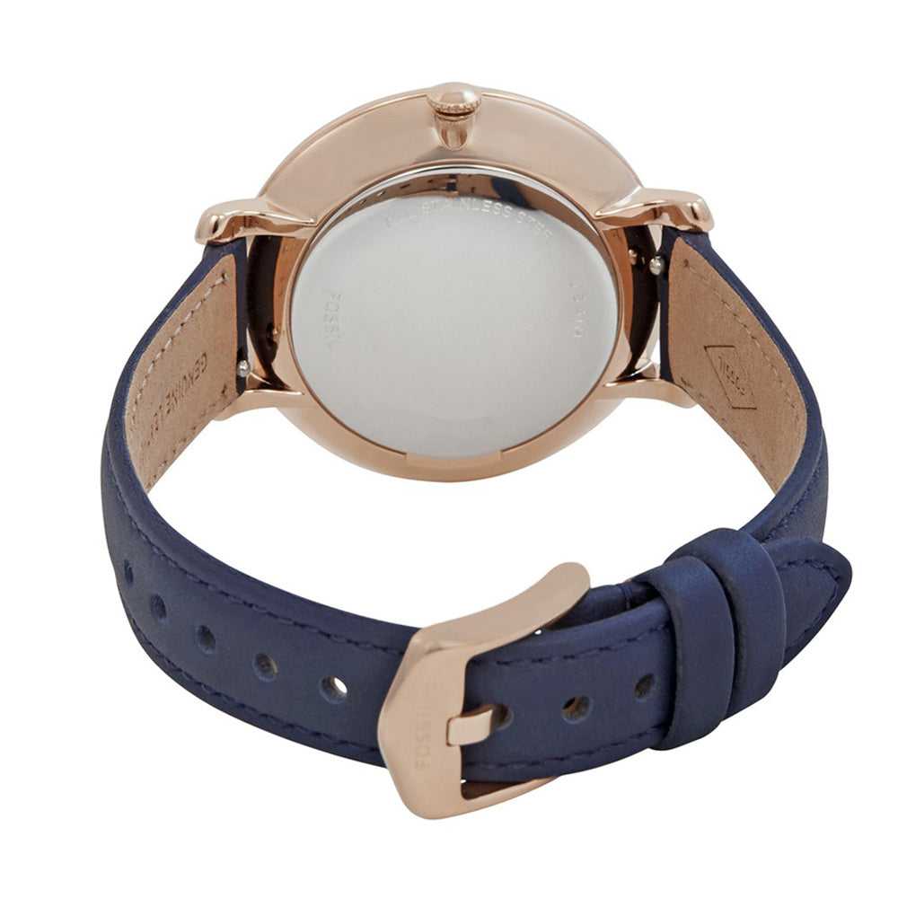 FOSSIL JACQUELINE ANALOG QUARTZ ROSE GOLD STAINLESS STEEL ES4291 BLUE LEATHER STRAP WOMEN'S WATCH - H2 Hub Watches