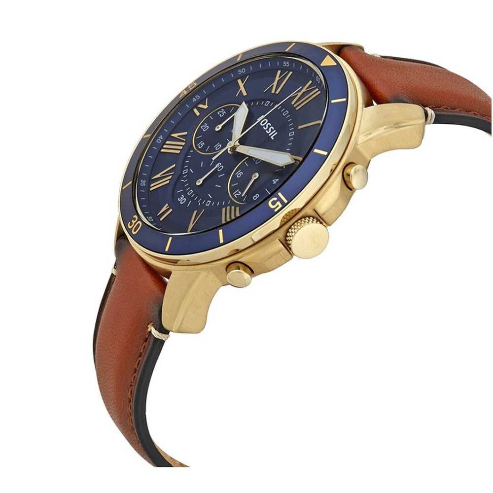 FOSSIL GRANT CHRONOGRAPH GOLD STAINLESS STEEL FS5268 MEN'S BROWN LEATHER STRAP WATCH - H2 Hub Watches