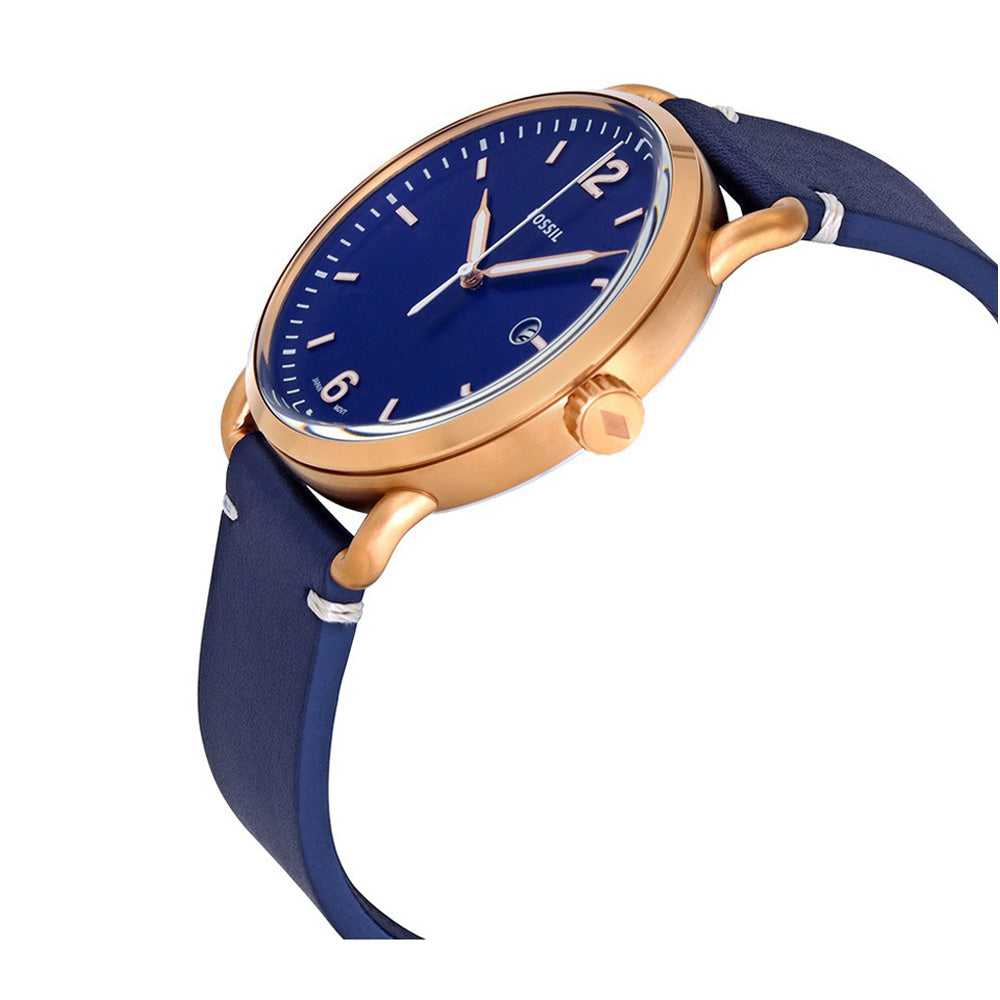FOSSIL THE COMMUTER ANALOG QUARTZ ROSE GOLD STAINLESS STEEL FS5274 BLUE LEATHER STRAP MEN'S WATCH - H2 Hub Watches