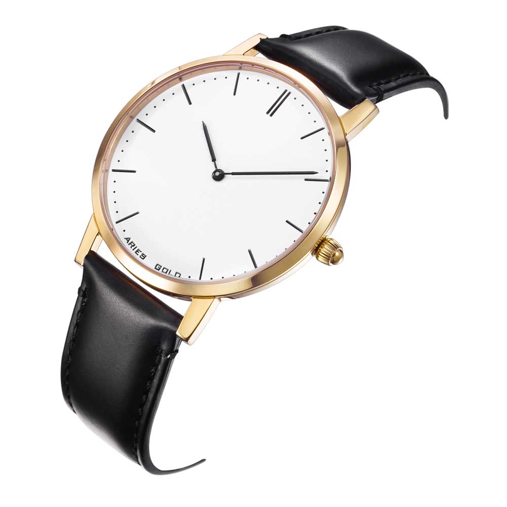 ARIES GOLD URBAN TANGO GOLD STAINLESS STEEL G 1007 G-W BLACK LEATHER STRAP MEN'S WATCH - H2 Hub Watches