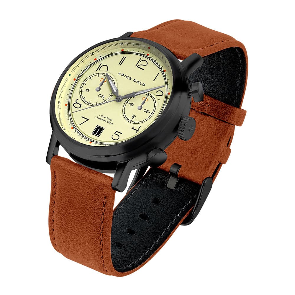 ARIES GOLD URBAN JOURNEY G 1025 BK-BEI BROWN LEATHER STRAP MEN'S WATCH - H2 Hub Watches