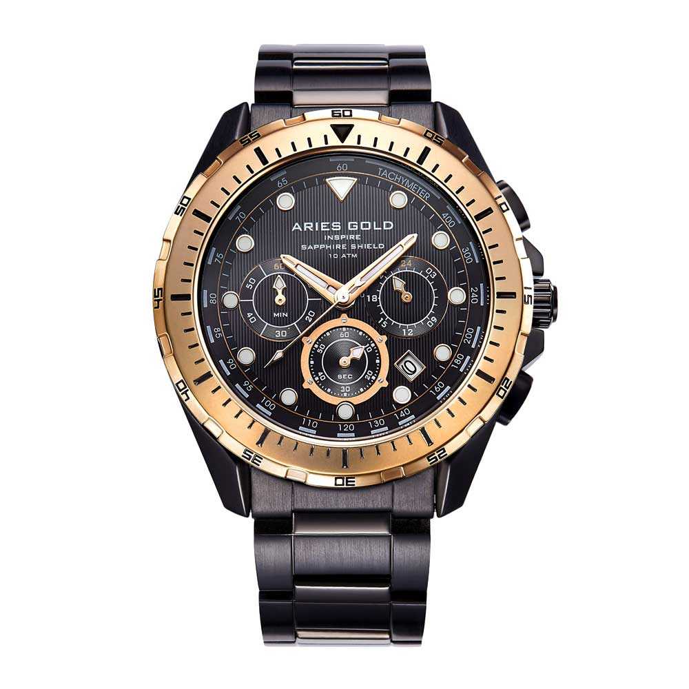 ARIES GOLD CHRONOGRAPH ATLANTIC BLACK STAINLESS STEEL G 7002 BKRG-BK MEN'S WATCH - H2 Hub Watches