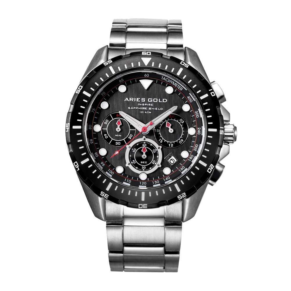 ARIES GOLD CHRONOGRAPH ATLANTIC SILVER STAINLESS STEEL G 7002 SBK-BK MEN'S WATCH - H2 Hub Watches