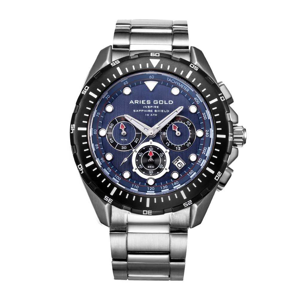 ARIES GOLD CHRONOGRAPH ATLANTIC SILVER STAINLESS STEEL G 7002 SBK-BU MEN'S WATCH - H2 Hub Watches