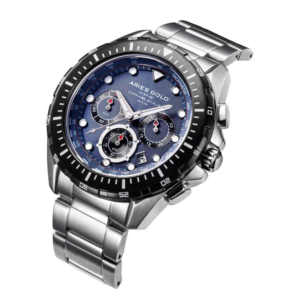 ARIES GOLD CHRONOGRAPH ATLANTIC SILVER STAINLESS STEEL G 7002 SBK-BU MEN'S WATCH - H2 Hub Watches