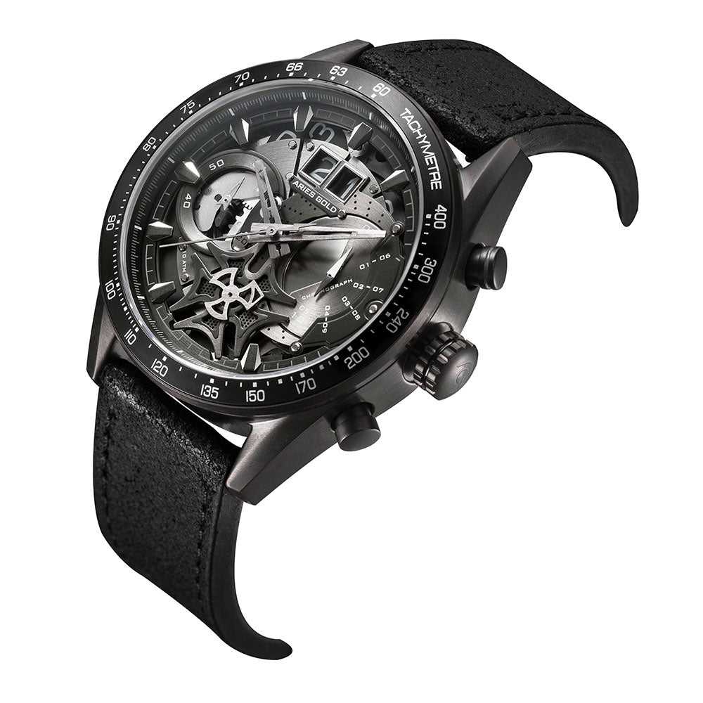 ARIES GOLD CHRONOGRAPH JOLTER BLACK STAINLESS STEEL G 7008 BK-BK LEATHER STRAP MEN'S WATCH - H2 Hub Watches