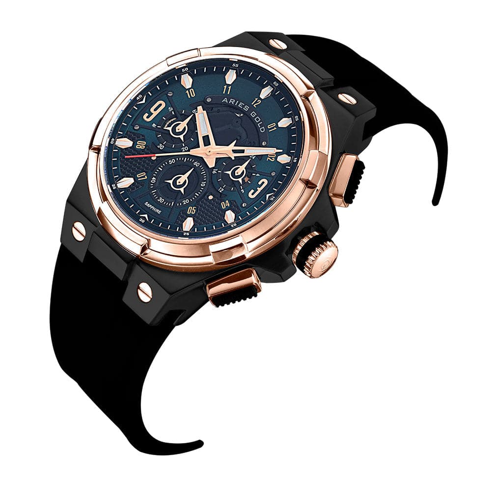 ARIES GOLD ANALOG LIGHTNING ROSE GOLD STAINLESS STEEL G 7016 BKRG-BKGN BLACK RUBBER STRAP MEN'S WATCH - H2 Hub Watches