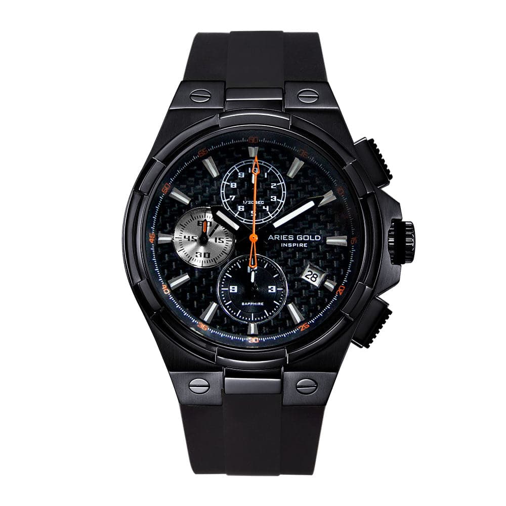 ARIES GOLD MONARCH BLACK STAINLESS STEEL G 7312 BK-BKOR HI-TECH BLACK SYNTHETIC STRAP MEN'S WATCH - H2 Hub Watches