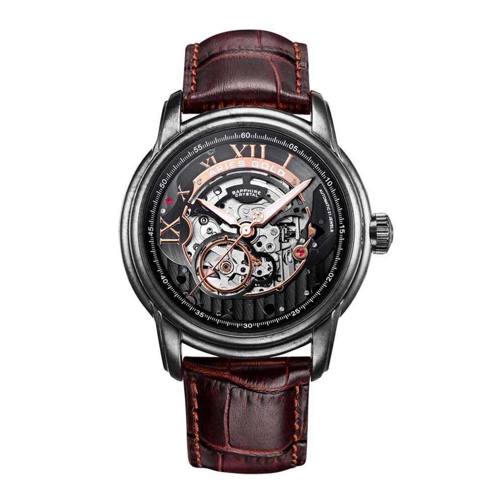 ARIES GOLD AUTOMATIC INFINUM EL TORO SILVER STAINLESS STEEL G 9005 AS-BK BROWN LEATHER STRAP MEN'S WATCH - H2 Hub Watches