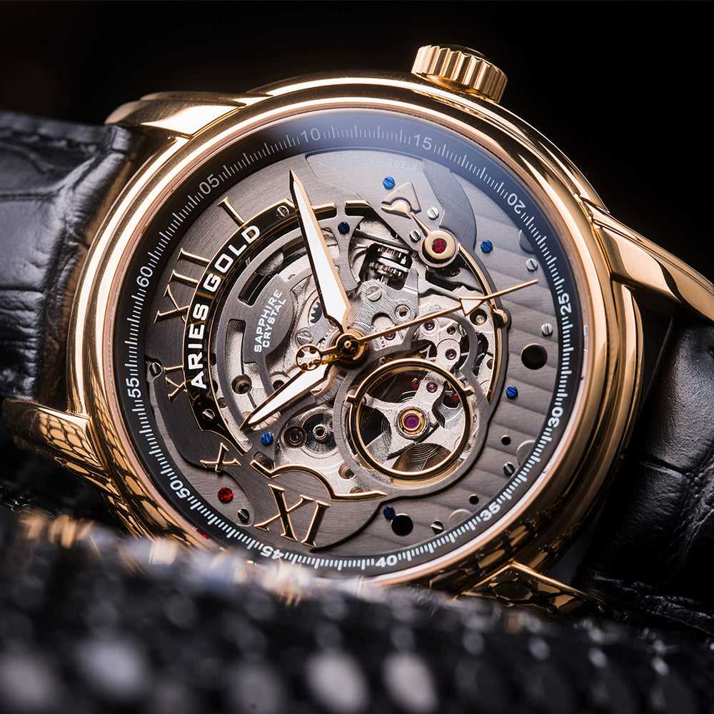 ARIES GOLD AUTOMATIC INFINUM EL TORO GOLD STAINLESS STEEL G 9005 G-BK BLACK LEATHER STRAP MEN'S WATCH - H2 Hub Watches