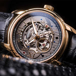 ARIES GOLD AUTOMATIC INFINUM EL TORO GOLD STAINLESS STEEL G 9005 G-BK BLACK LEATHER STRAP MEN'S WATCH - H2 Hub Watches