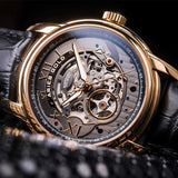 ARIES GOLD AUTOMATIC INFINUM EL TORO GOLD STAINLESS STEEL G 9005 G-BK BLACK LEATHER STRAP MEN'S WATCH - H2 Hub Watches