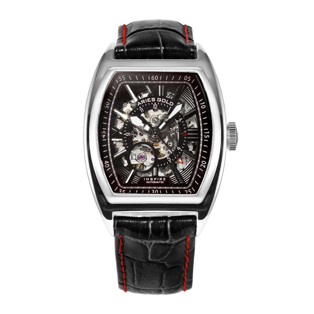 ARIES GOLD AUTOMATIC INFINUM CRUISER SILVER STAINLESS STEEL G 901 S-BKR BLACK LEATHER STRAP MEN'S WATCH - H2 Hub Watches