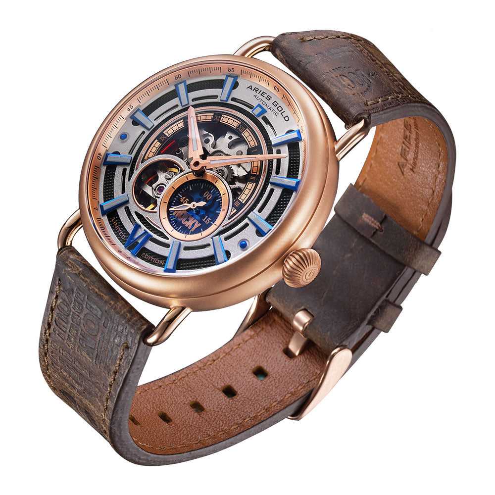 ARIES GOLD AUTOMATIC ROCKY LIMITED EDITION INVINCIBLE ROSE GOLD STAINLESS STEEL G 9013 RG-W LEATHER STRAP MEN'S WATCH - H2 Hub Watches