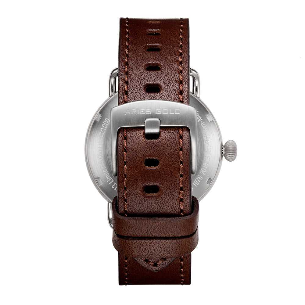 ARIES GOLD AUTOMATIC ROCKY LIMITED EDITION INVINCIBLE SILVER STAINLESS STEEL G 9013 S-BK LEATHER STRAP MEN'S WATCH - H2 Hub Watches