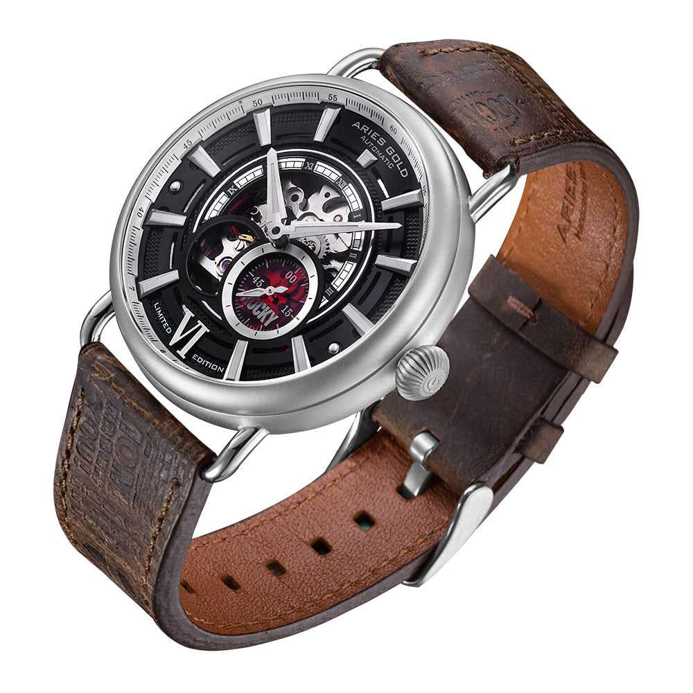 ARIES GOLD AUTOMATIC ROCKY LIMITED EDITION INVINCIBLE SILVER STAINLESS STEEL G 9013 S-BK LEATHER STRAP MEN'S WATCH - H2 Hub Watches