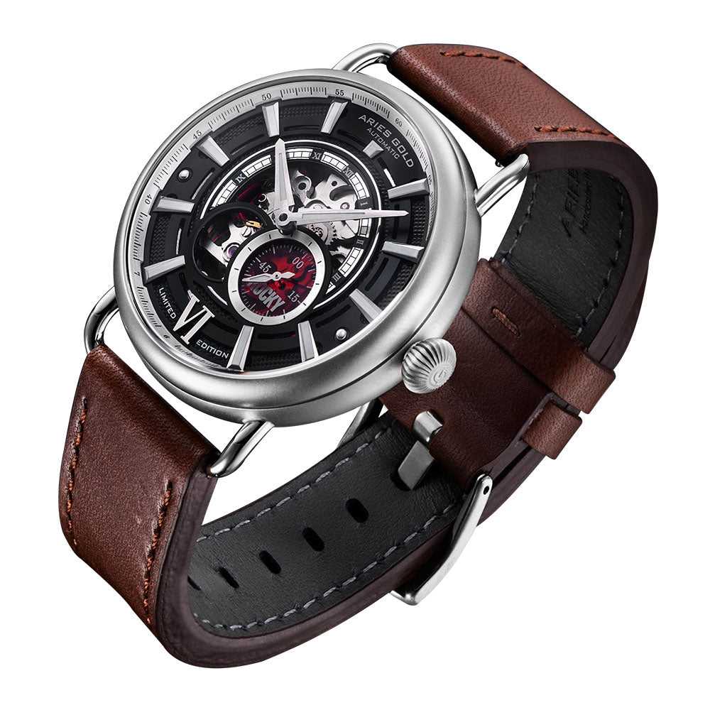 ARIES GOLD AUTOMATIC ROCKY LIMITED EDITION INVINCIBLE SILVER STAINLESS STEEL G 9013 S-BK LEATHER STRAP MEN'S WATCH - H2 Hub Watches