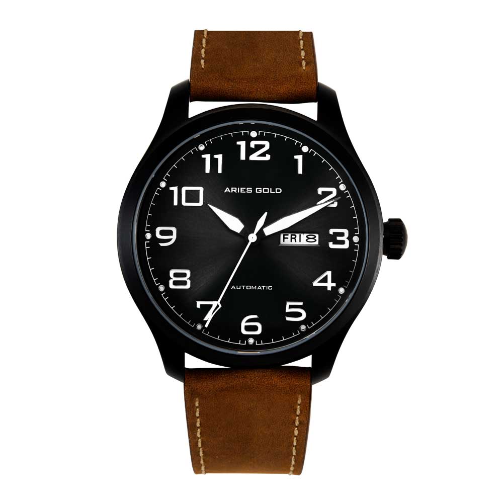 ARIES GOLD AUTOMATIC ESCALATE BLACK STAINLESS STEEL G 9017 BK-BK BROWN LEATHER STRAP MEN'S WATCH - H2 Hub Watches
